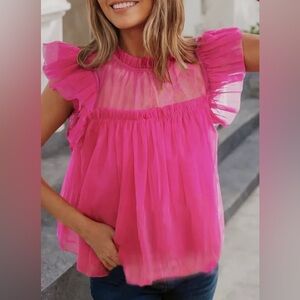 Pink Ruffle Sleeve Women's Top